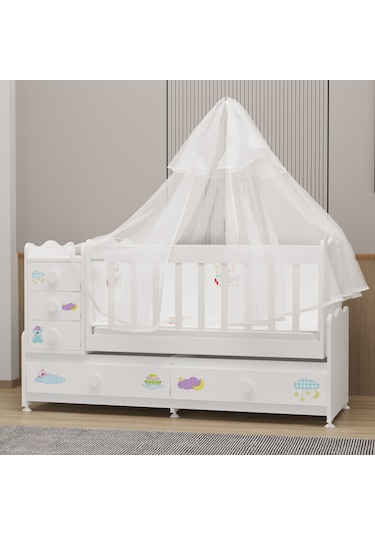 Garaj Home Melina Mdf Çıtalı Beşik + Yatak + Uyku Seti - Uykucu Beyaz