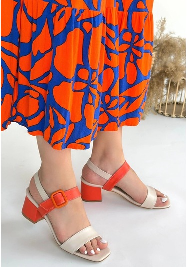 Year Bej Cilt Turuncu Detaylı Turuncu Topuklu Kadın Topuklu Ayakkabı Bej3