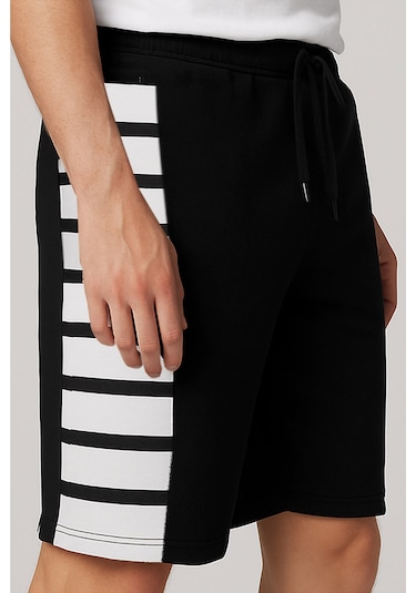 Erkek Siyah Beyaz Çizgili Spor Bermuda Şort Bağcıklı Cepli Siyah
