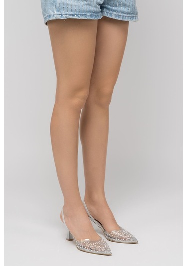 V-1005 Gümüş Günlük Arkası Açık Taşlı Topuklu Bayan Ayakkabı Gri
