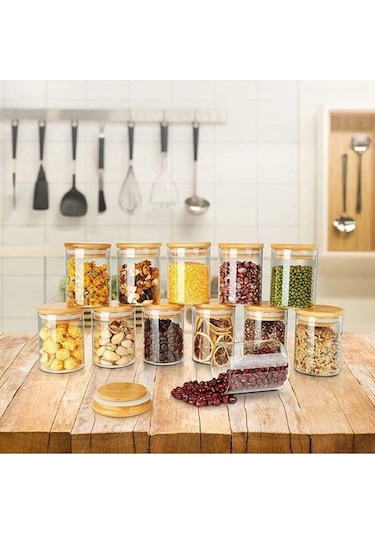 Qerhome 12 Adet Bambu Kapaklı Borosilikat Cam Kavanoz Mini 200 Ml Kaşıklı ŞEffaf