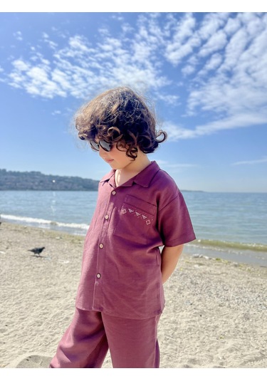 Cebi Nakışlı Gömlek Pantolon Keten Erkek Çocuk Takım Mürdüm Mürdüm