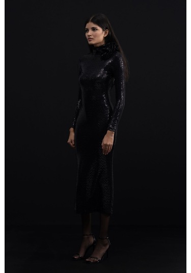 Mathilda Store Kadın Siyah Tasarım Payet Midi Elbise