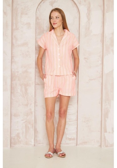 Kadın Özel Kumaş Ceket Yaka Beli Lastikli Kısa Kol Gömlek Cepli Şort Takım 3625290 Turuncu
