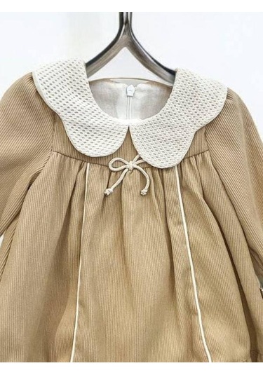 Cantoy Kız Bebek Bebe Yaka Fitilli Kadife Elbise-15068 Camel