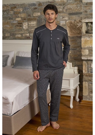 Cossy By Aqua 26167 Erkek Uzun Kollu Düğmeli Bisiklet Yaka Pijama Takımı-antrasit Antrasit