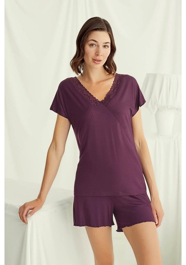 Monamise 18499 Kadın V Yaka Kısa Kollu Şortlu Pijama Takımı-bordo Bordo