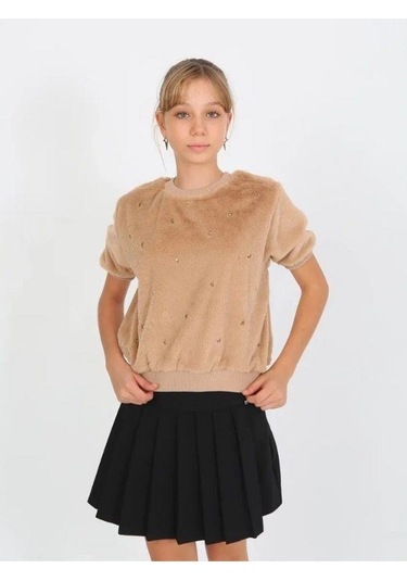 Kız Çocuk Peluş Taş Detaylı Kısa Kollu Kazak-14822 Kahverengi