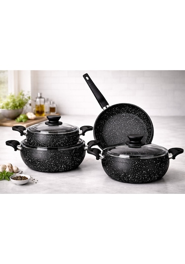 Granit Pro 7 Parça Granit Güveç Tencere Seti Siyah Bakalit Saplı - 20/24/26 Derin /26 Güveç Tava