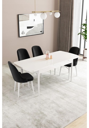 Sar Pakete Almira Serisi, Beyaz 80x132 Açılabilir Mdf Mutfak Masası Takımı 4 Adet Sandalye Siyah