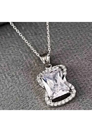 Lilahgümüştr Gümüş Beyaz Taşlı Baget Kadın Kolye Küpe