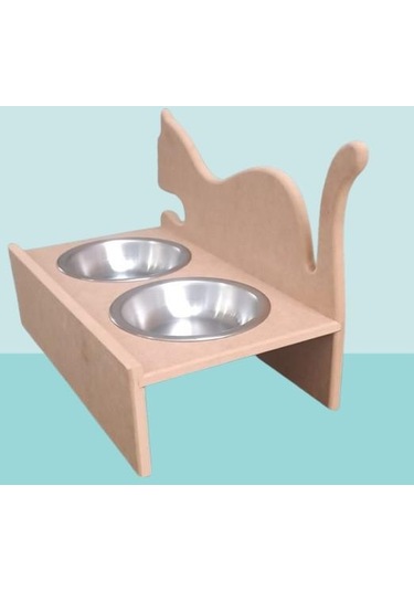 Hobi Adn 90368 Model Kedi Mama Su Kabı Ahşap Paslanmaz Tabak El Yapım