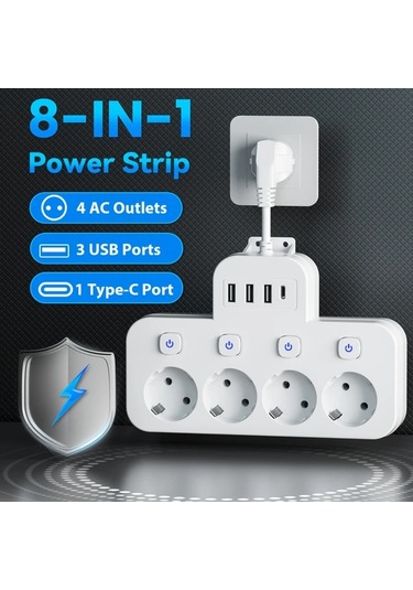 Xuweiwei Beyaz 8i 1 Arada Standart Eu Priz 4 Usb Portu Usb C Portlu Bagimsiz Anahtarlı 15m Uzatma Kablosu Ev Ofis İcin