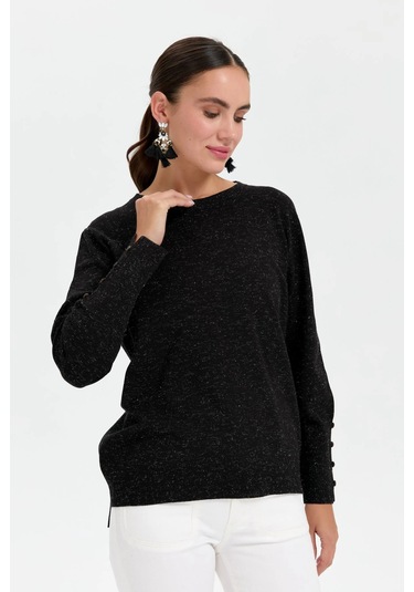 Desen Triko Kadın Sıfır Yaka Önü Kısa Arkası Uzun Bluz 23331 Siyah Siyah