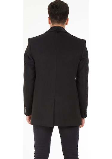 Sposo 1661 Yaka Kürkü Çıkmalı Yünlü Kaşe Siyah Erkek Kaban Siyah