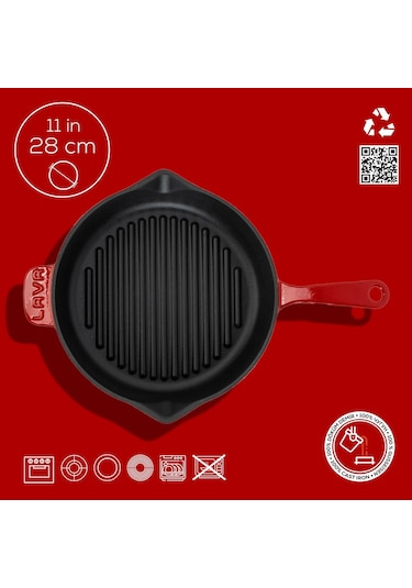 Lava Döküm Yuvarlak Izgara Tava Döküm Demir Yekpare Saplı Çap Ø 28cm. Kırmızı