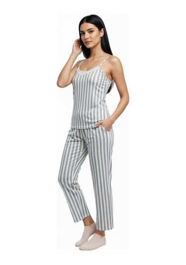 Kadın Rahat Ev & Uyku Pijama Takımı Gri Çizgili Desen Gri