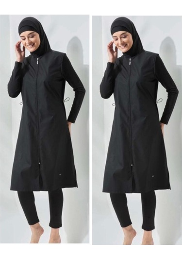 Seamay Allsea 3075 Siyah 2 Li Kollar Lycralı Tam Boy Tesettür Mayo