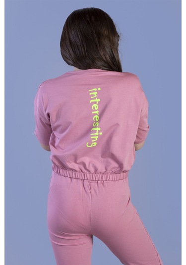 Toontoy Kız Çocuk Crop Model Cep Detaylı Baskılı Eşofman Takımı Gül Kurusu