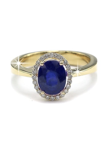 Oval Safirli Pırlantalı Yüzük - 14 Ayar (518571567)