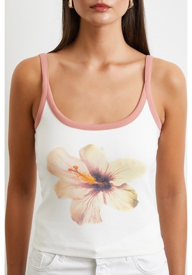 Çiçek Baskılı Askılı Top Ekru Ekru