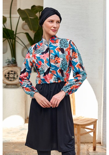 Tam Kapalı Tesettür Mayo Yarım Desenli 3401 Siyah Siyah