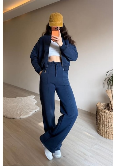 Neşeli Butik Kadın Oversize 3 İplik Cepli Eşofman Takımı Nm029 Lacivert