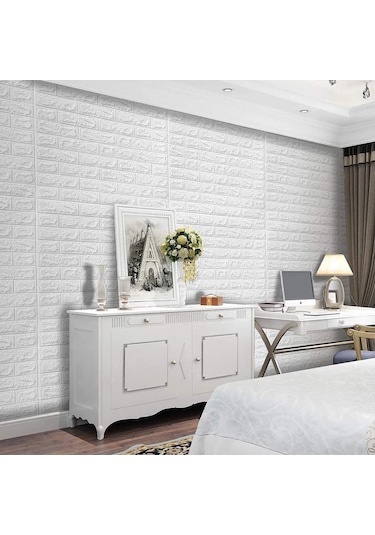70x77 Cm 6 Adet Ekoslim 2mm Kendinden Yapışkanlı Sünger Beyaz Tuğla Duvar Paneli Kağıdı