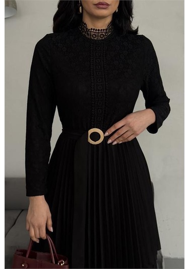 Dipmoda Kadın Krep Kumaş Dantel Detaylı Kemerli Uzun Elbise Dpms2525 Siyah