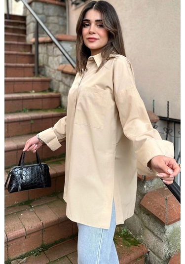 Kadın Bej Terikoton Kumaş, Yırtmaçlı, Rahat Uzun Gömlek Bej