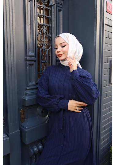 Kadın Lacivert Boydan Düğmeli Yarasa Kol Kuşaklı Lara Keten Uzun Tesettür Elbise Lacivert