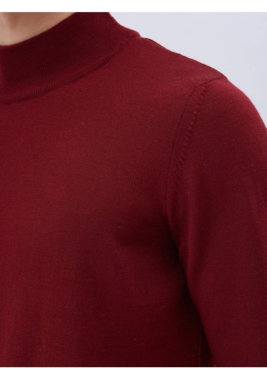 Kip Kırmızı Yarım Balıkçı Yaka Düz Örgü Yün Karışımlı Triko Çok Renkli