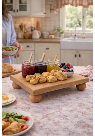 Kayın Ağacı Risus Top Ayaklı 17x25 Cm Ayaklı Kare Sunumluk Pasta, Kek Ve Kahvaltı Servis Tabağı Açık kahverengi