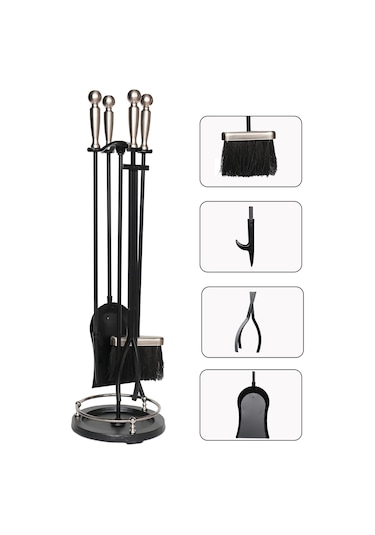 5 Li Premium İthal Döküm Gümüş Başlıklı Yuvarlak Şömine - Soba Maşa Takımı Aksesuar Seti