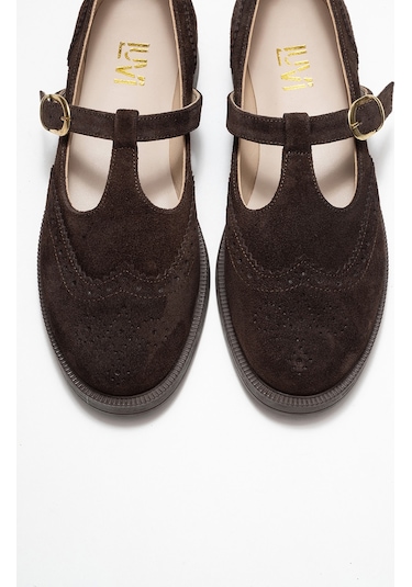 Janney Kahverengi Süet Hakiki Deri Bantlı Kadın Loafer Ayakkabı Kahve Süet