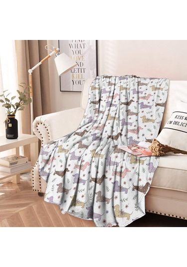 Dachshund Desenli Yuvarlak Polar Battaniye, Yumuşak & Hafif, 60 İnç-a6 Dachshund Floral White
