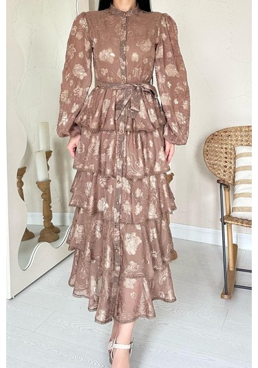 The İstanbul Vizon Valonlu Şeritli Kat Kat Elbise Vizon