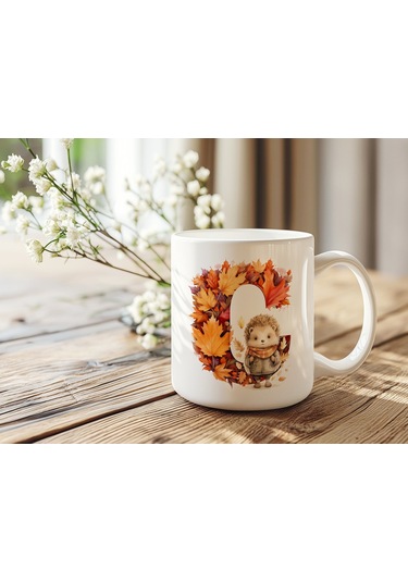 C Harf Sonbahar Yaprak Temalı Kupa Bardak - Sevimli Figürler İle Alfabe Harfli Bardak - Kişiye Özel Beyaz