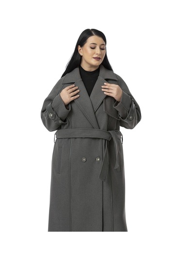 Büyük Beden Deri Biye Detaylı Fleto Cepli Kuşaklı Astarlı Kaşe Uzun Gri Kaban Gri