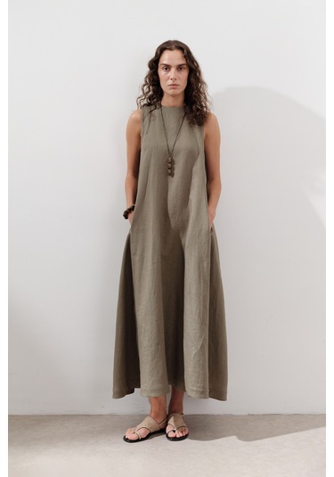Keten Büzgülü Geniş Elbise Haki Haki