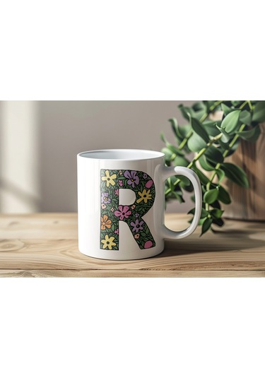 R Baş Harf Çiçek Desenleri İle Natural Tarz Kupa Bardak - Kişiye Özel Çiçekli Kahve Çay Bardak - Beyaz
