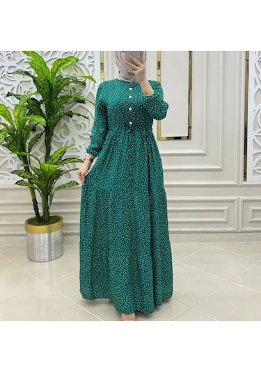 Kadın Puantiyeli Yeşil Renk Viskon Kumaş Ön Düğmeli Ayarlanabilir Kuşaklı Tesettür Elbise Yeşil