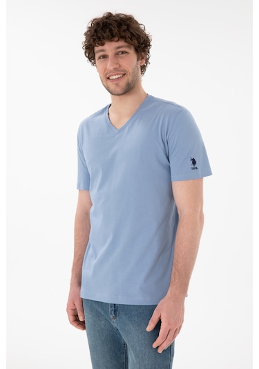 U.S. Polo Assn. Erkek Regular Fit  V Yaka Mavi Basic Tişört 50305858-VR036