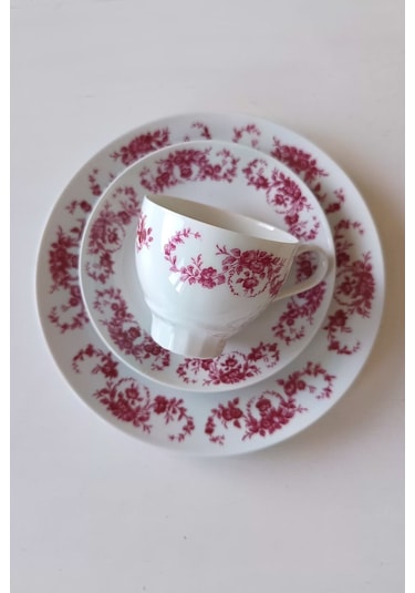 Edelstein 73 Pembe Gül Desenli Vintage Çay Fincanı Seti 3 Parça Pembeçiçek