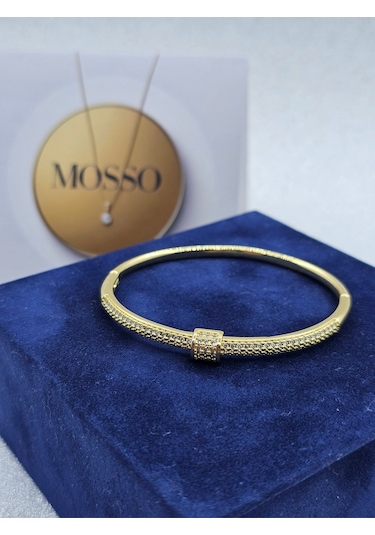 Zirkon Taşlı Gold Renk Kelepçe Çelik Bileklik Altın