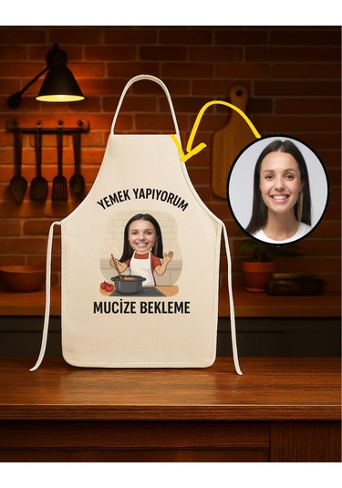 Kişiye Özel Karikatür Fotoğraflı Mutfak Önlüğü Mucize Bekleme Krem