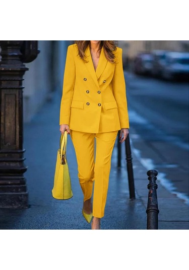 Zanzea Kadın Blazer Ve Pantolon Rahat İki Parça Takım Elbise Seti Sarı