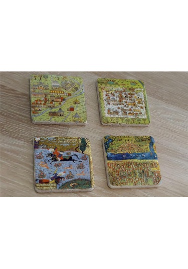 Matrakçı Nasuh Minyatürleri Doğal Taş Bardak Altlığı 4'lü Set - Natural Stone Coasters - Taş Çok Renkli