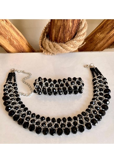 Siyah Kristal Taşlı Türk El Yapımı Gerdanlık Kolye Ve Bilezik Set Siyah