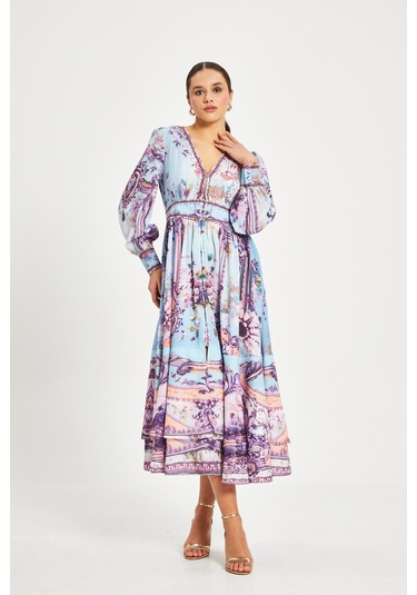 Kadın Desenli V Yaka Elbise Uzun Kollu, Kuşaklı, Astarlı Mavi